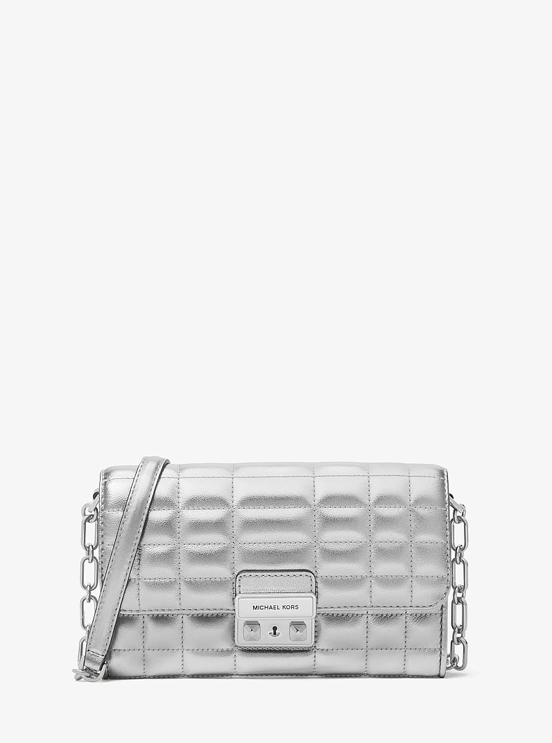 Tribeca Metallic Leather Convertible Crossbody Bag in SILVER | Michael Kors