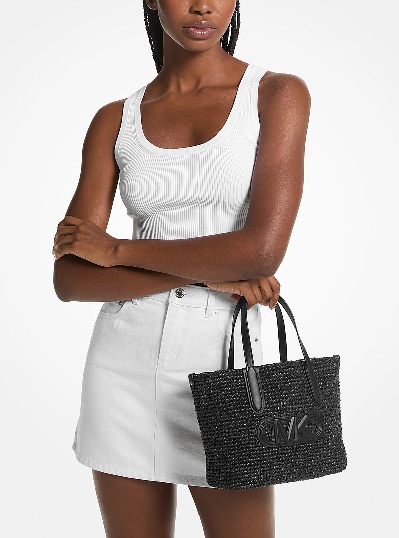Eliza Extra-Small Empire Logo Straw Tote Bag in BLACK/BLACK | Michael Kors