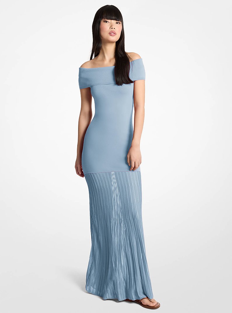 Pleated Stretch Knit Off-The-Shoulder Maxi Dress in CHAMBRAY | Michael Kors