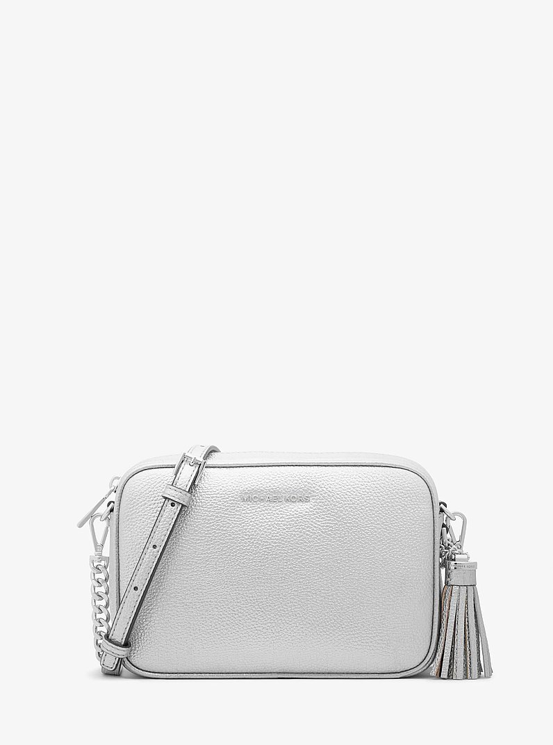 Jet Set Medium Metallic Pebbled Leather Camera Bag in SILVER | Michael Kors