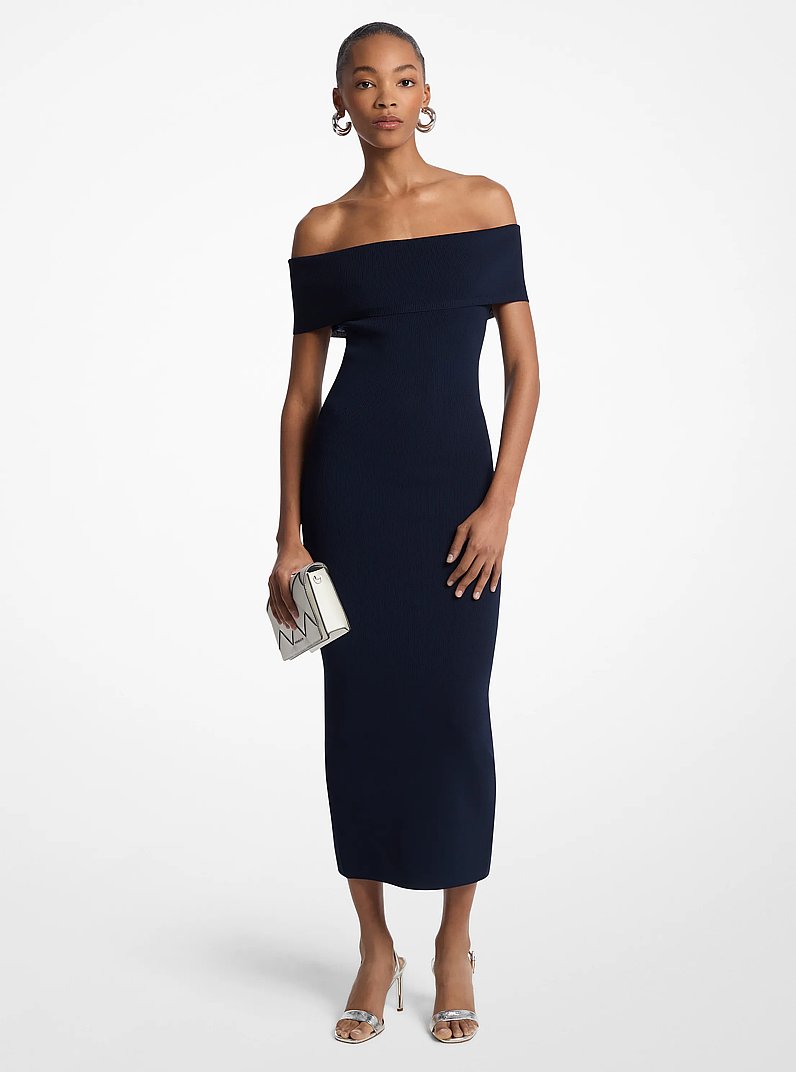 Stretch Knit Over-The-Shoulder Dress in MIDNIGHTBLUE | Michael Kors
