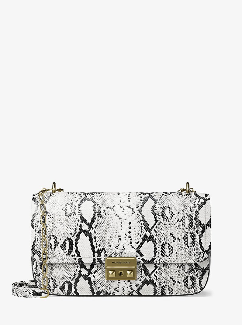 Tribeca Large Snake Embossed Leather Shoulder Bag in NATURAL | Michael Kors
