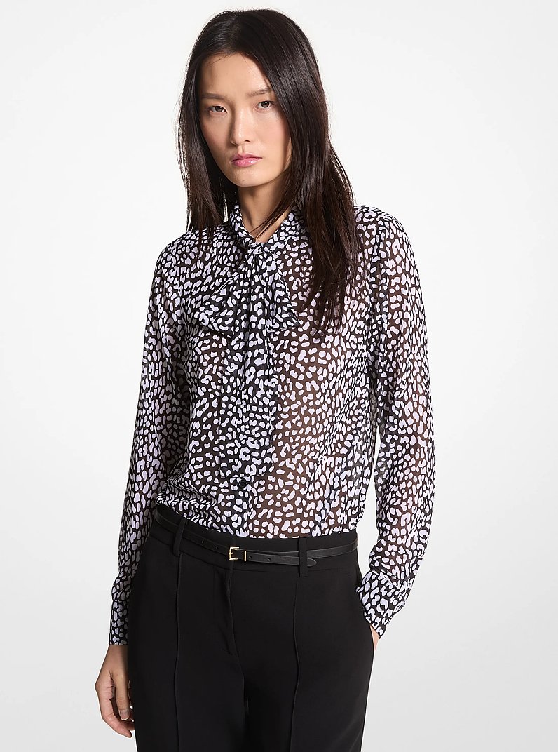 Graphic Leopard Print Georgette Tie-Neck Blouse in BLACK/WHITE | Michael Kors