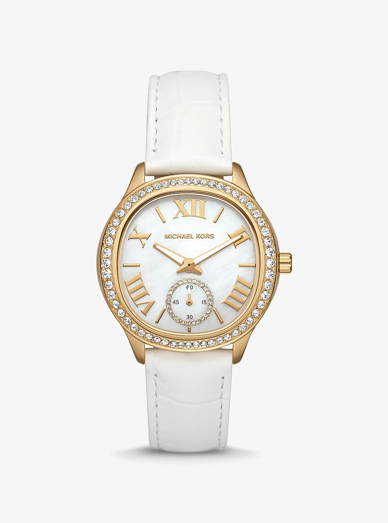 Sage Pav&eacute; Gold-Tone and Crocodile Embossed Leather Watch in OPTIC WHITE | Michael Kors