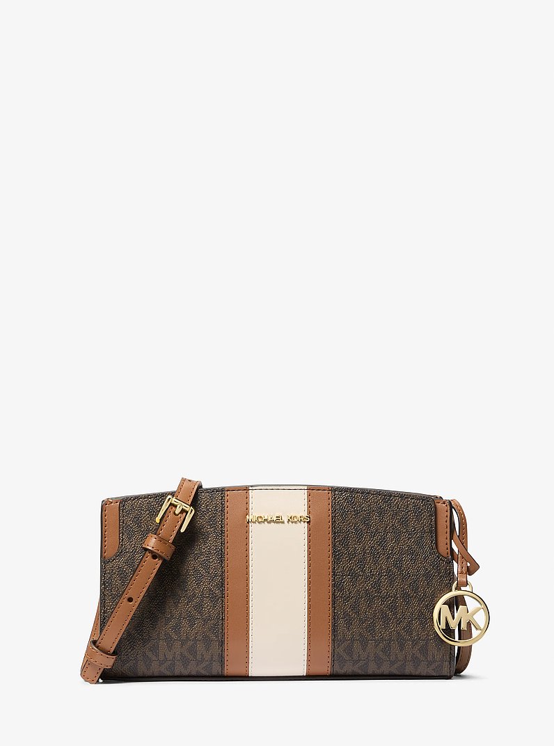 Borsa a tracolla Becca piccola con righe e stampa logo in BRONZO/GHIANDA | Michael Kors