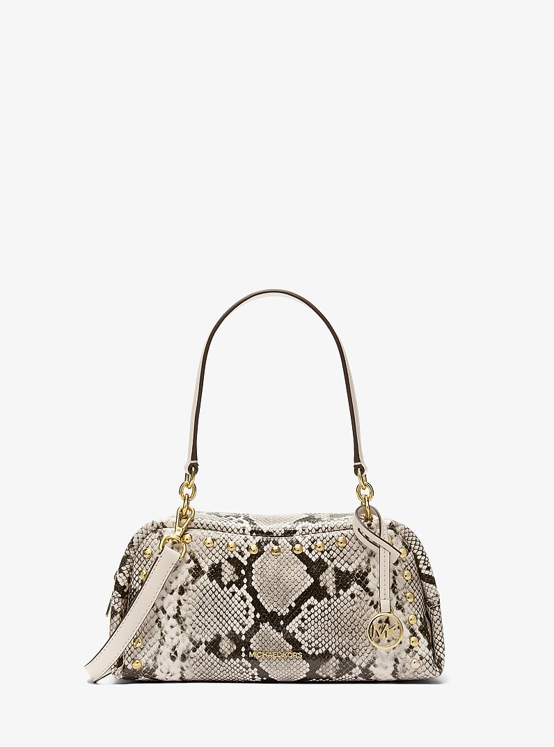 Cecily Small Studded Snake Embossed Shoulder Bag in LT CREAM | Michael Kors