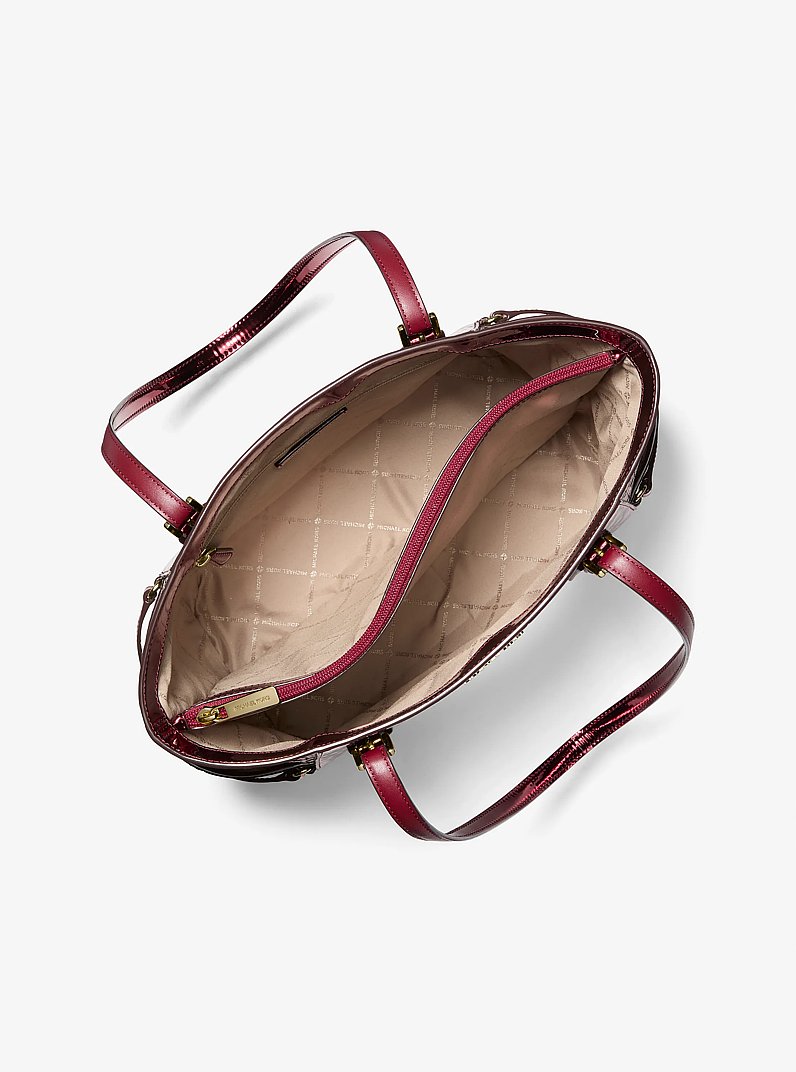 Voyager Large Metallic Logo Debossed Tote Bag in CHERRY | Michael Kors
