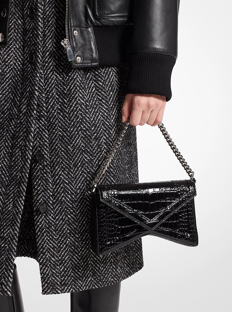 Manhatta Crocodile Embossed Patent Leather Shoulder Bag in BLACK | Michael Kors
