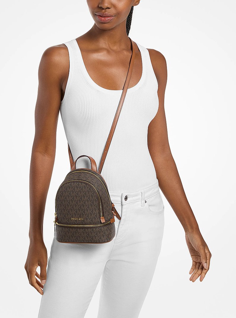 Rhea Extra-Small Signature Logo Backpack in BROWN | Michael Kors