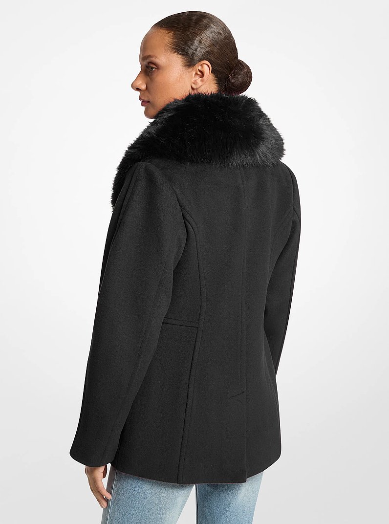 Faux Fur Collar Wool Blend Peacoat in BLACK | Michael Kors