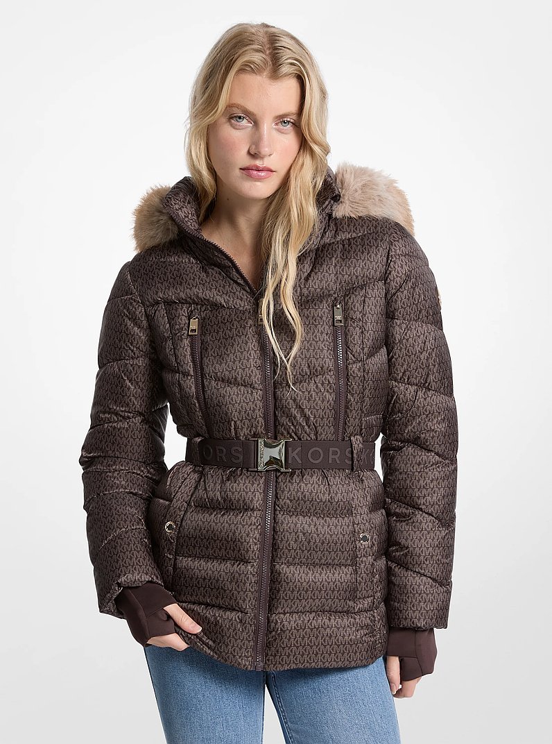 Faux Fur Trim Belted Puffer Jacket in CHOCOLATE | Michael Kors