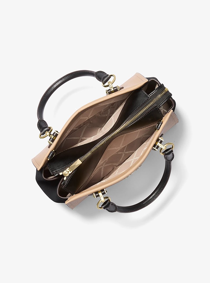 Marilyn Medium Two-Tone Saffiano Leather Satchel in BLACK/CAMEL | Michael Kors