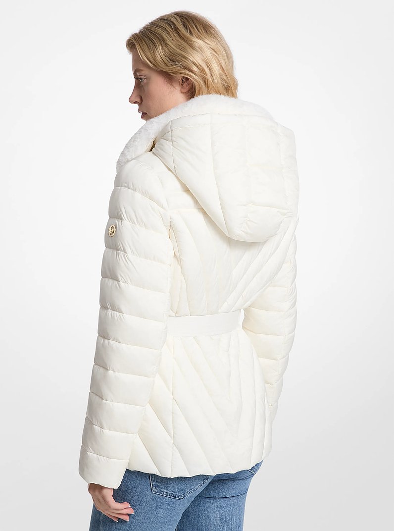 Faux Fur Trim Packable Nylon Puffer Jacket in BONE | Michael Kors