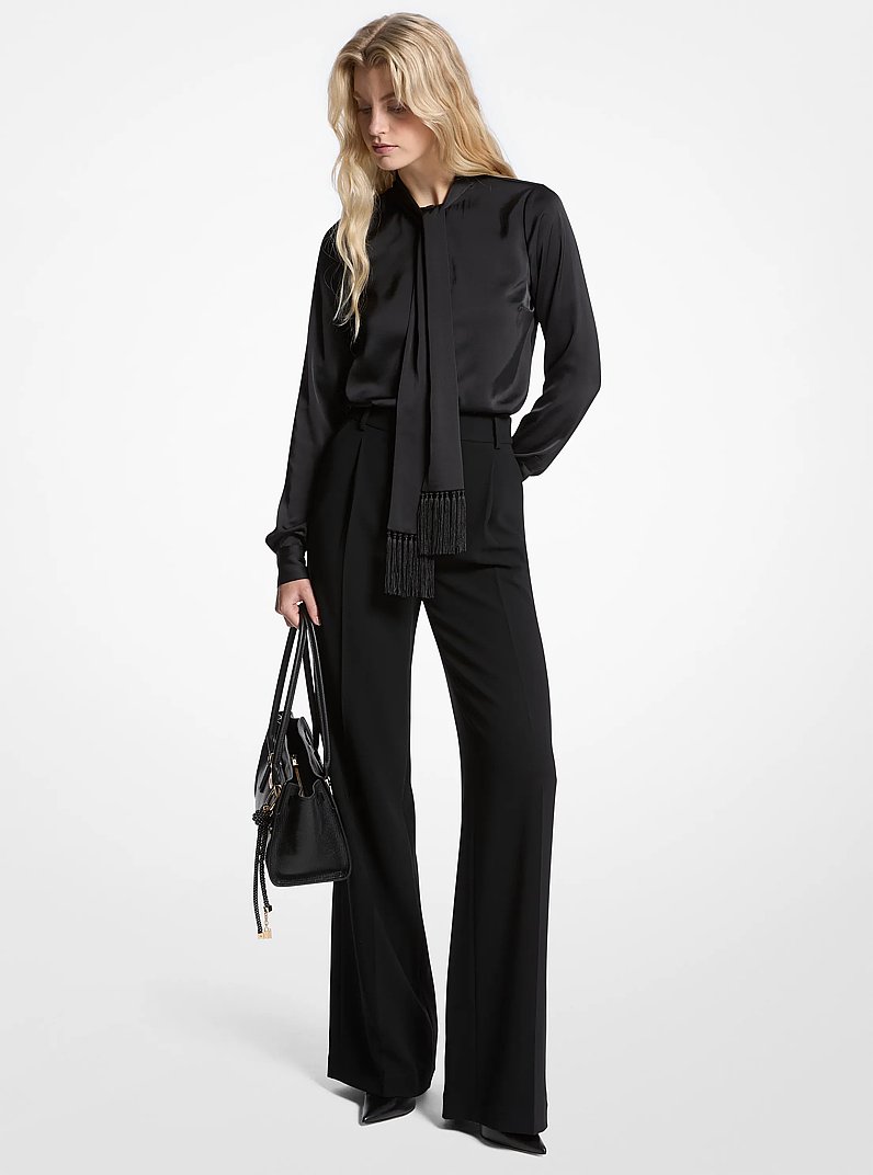 Satin Fringed Tie-Neck Blouse in BLACK | Michael Kors