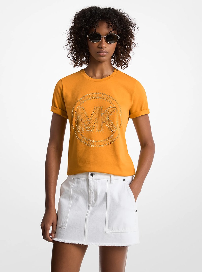 Studded Logo Charm Organic Cotton Jersey T-Shirt in POPORANGE | Michael Kors