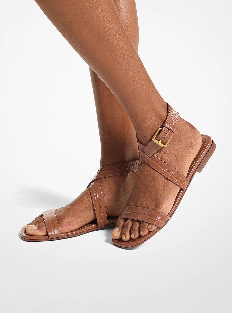 Bridgette Crocodile Embossed Leather Sandal in SADDLE | Michael Kors