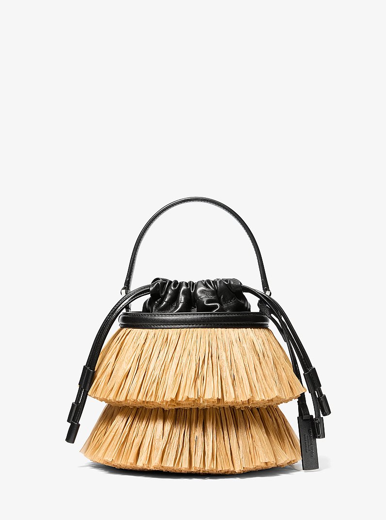 Ischia Mini Leather and Fringe Bucket Bag in NATURAL/BLACK | Michael Kors