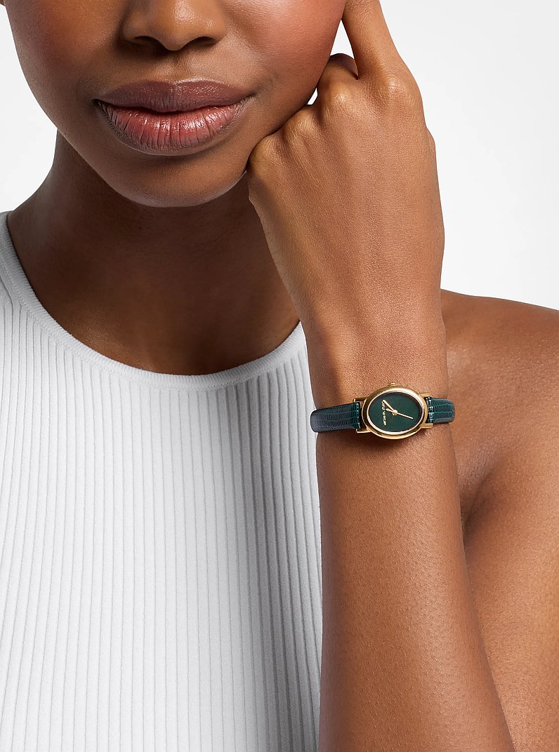 Petite Maude Gold-Tone and Lizard Embossed Leather Watch in GREEN | Michael Kors