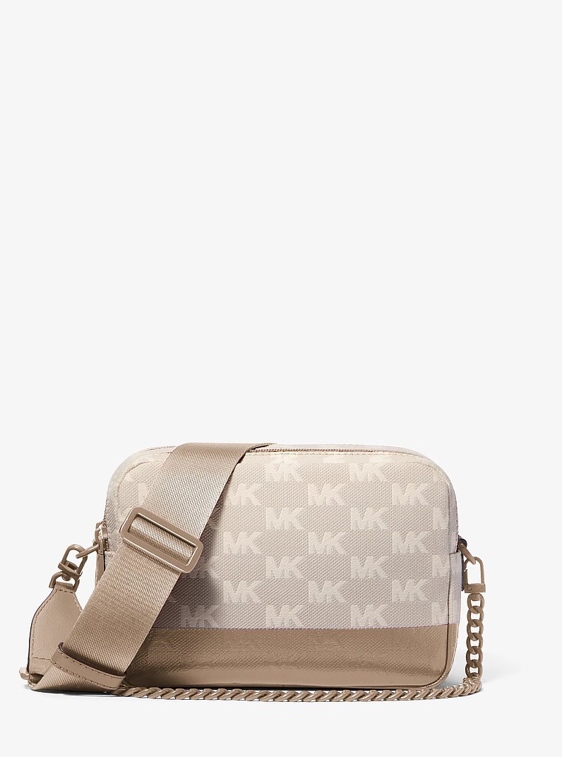 Bryant Medium Two-Tone Logo Jacquard and Leather Camera Crossbody Bag in BIRCH | Michael Kors