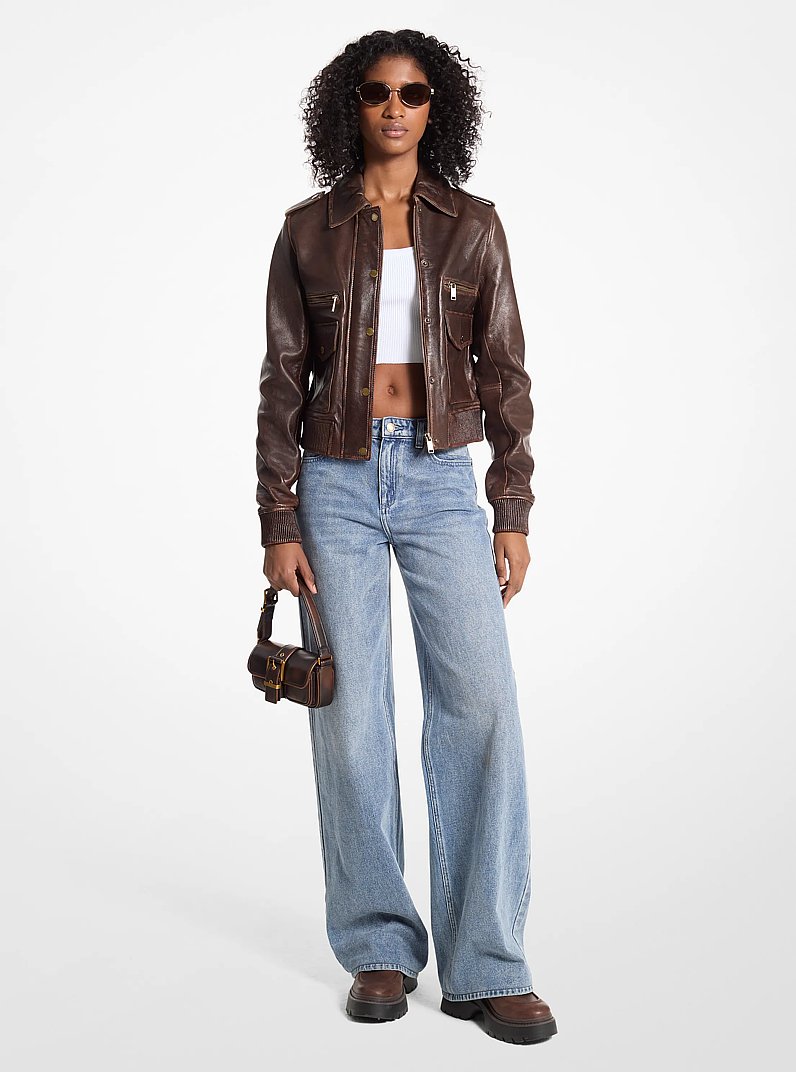 Burnished Leather Blouson Sleeve Jacket in CHOCOLATE | Michael Kors