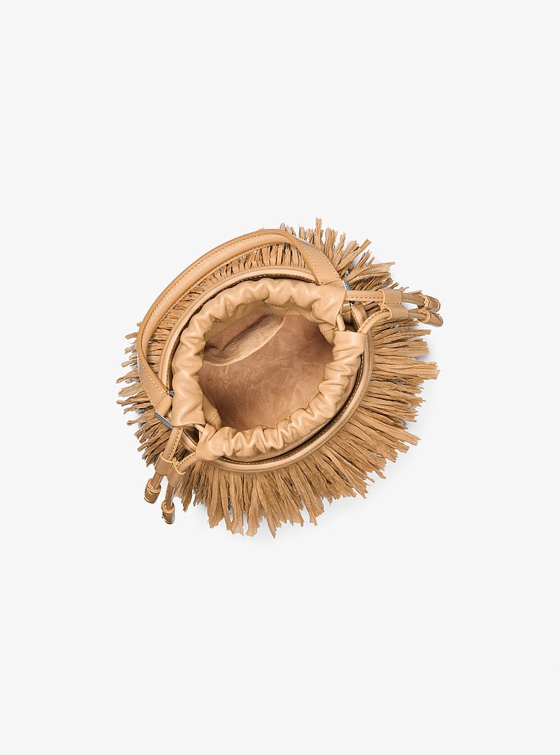 Ischia Mini Leather and Fringe Bucket Bag in NATURAL/PEANUT | Michael Kors