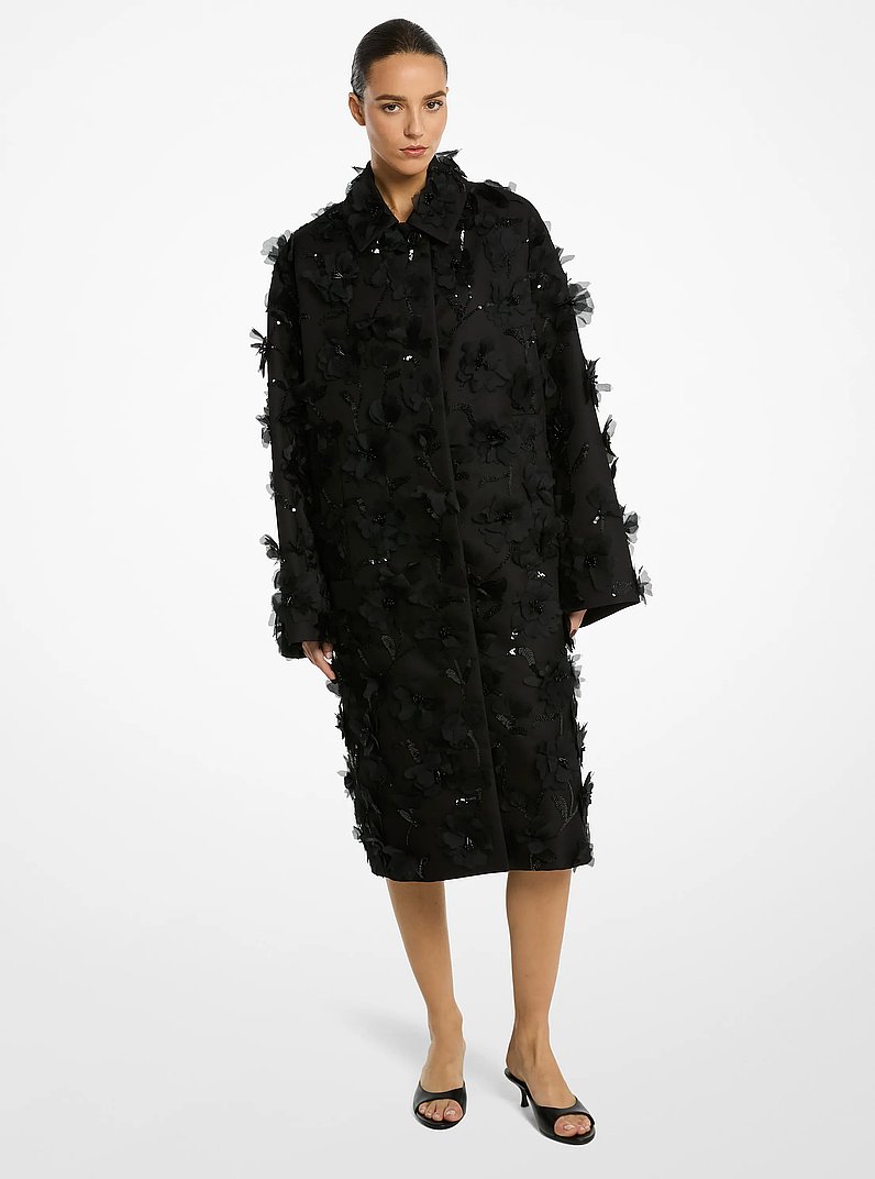 Hand-Embellished Floral Silk and Wool Mikado Balmacaan in BLACK | Michael Kors
