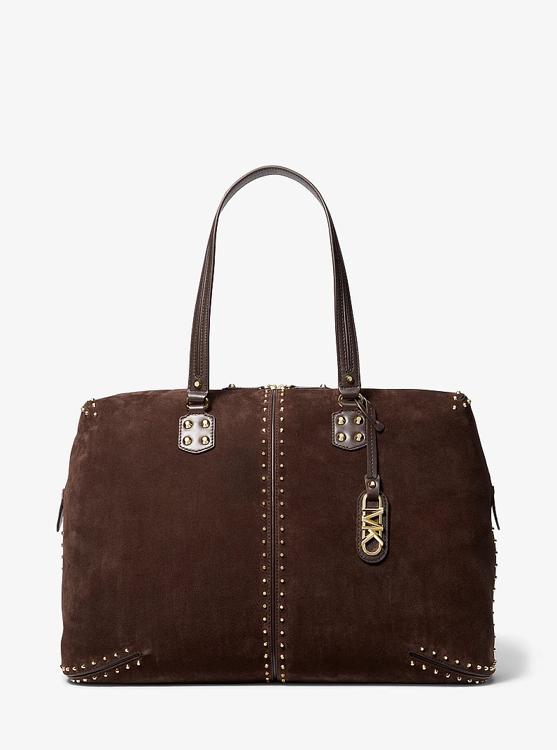 Astor Extra-Large Studded Suede Weekender Bag in CHOCOLATE | Michael Kors