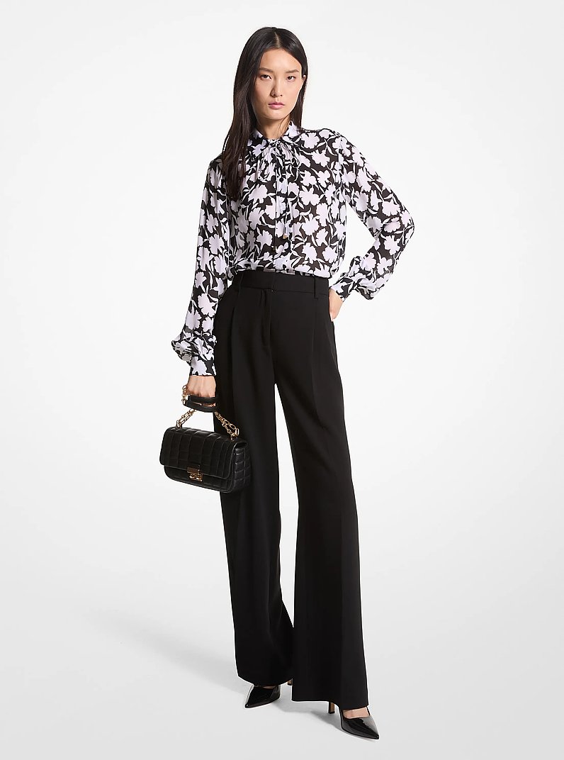 Shadow Floral Georgette Tie-Neck Blouse in BLACK/WHITE | Michael Kors