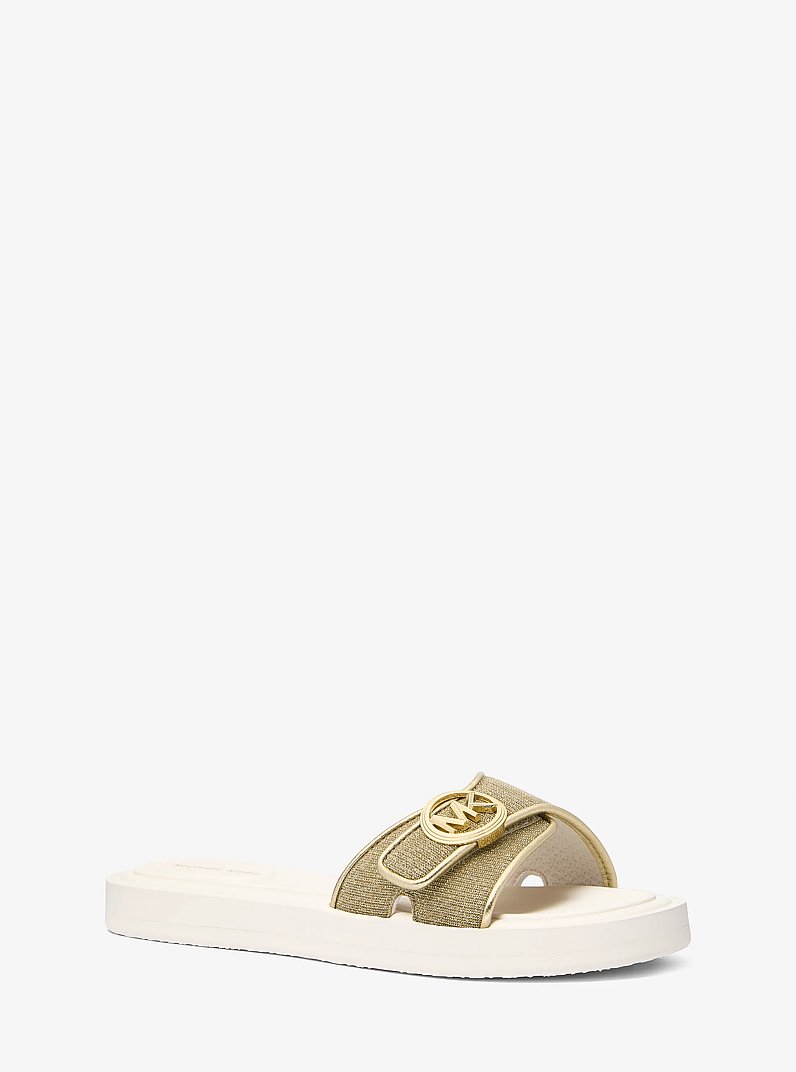 Glitter Chain Mesh Logo Slide Sandal in PALE GOLD | Michael Kors