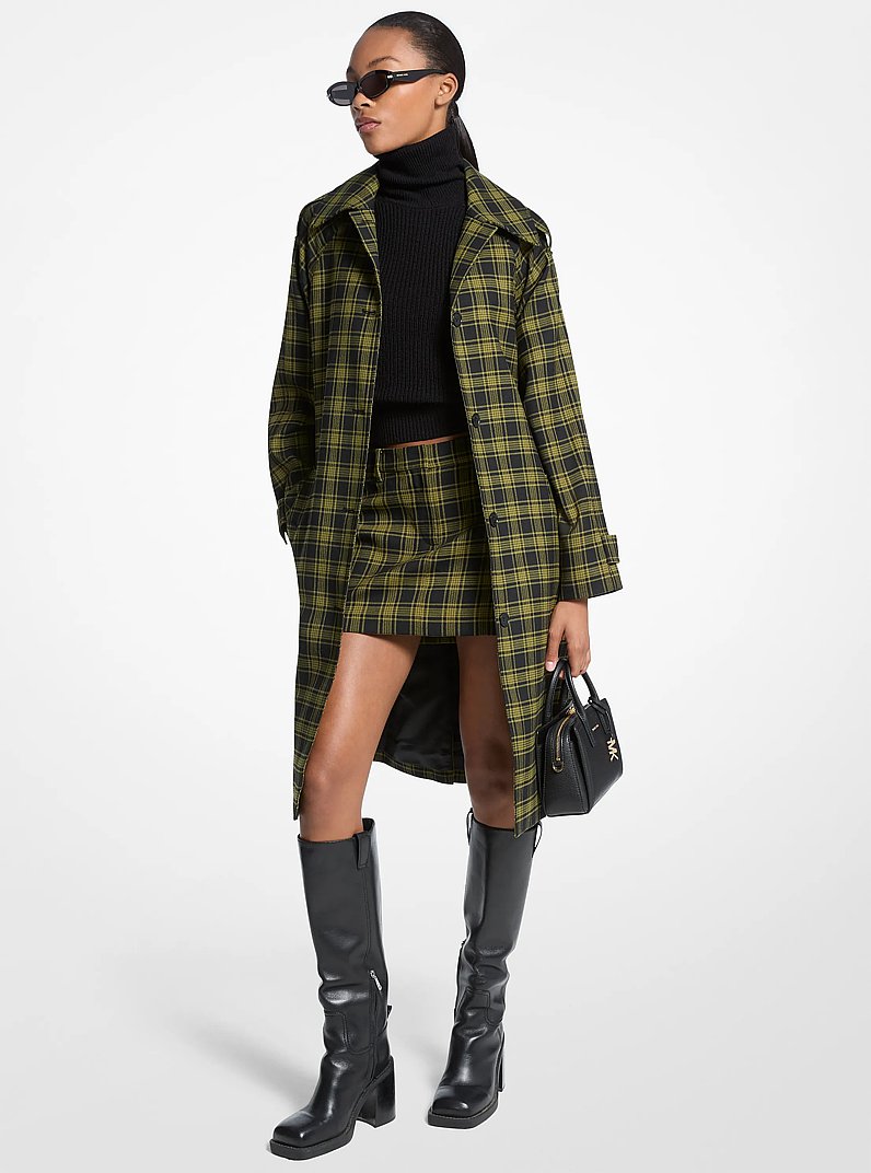 Plaid Stretch Wool Belted Balmacaan Coat in PISTACHIO | Michael Kors