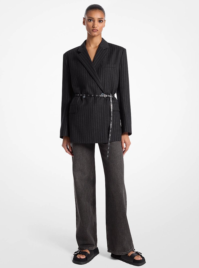 Blazer van wolmix met dubbele knopenrij en riem, gestreept in CHARCOAL HEATHER | Michael Kors