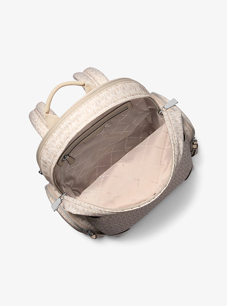 Prescott Large Signature Logo Print Woven Backpack in LIGHT SAND | Michael Kors