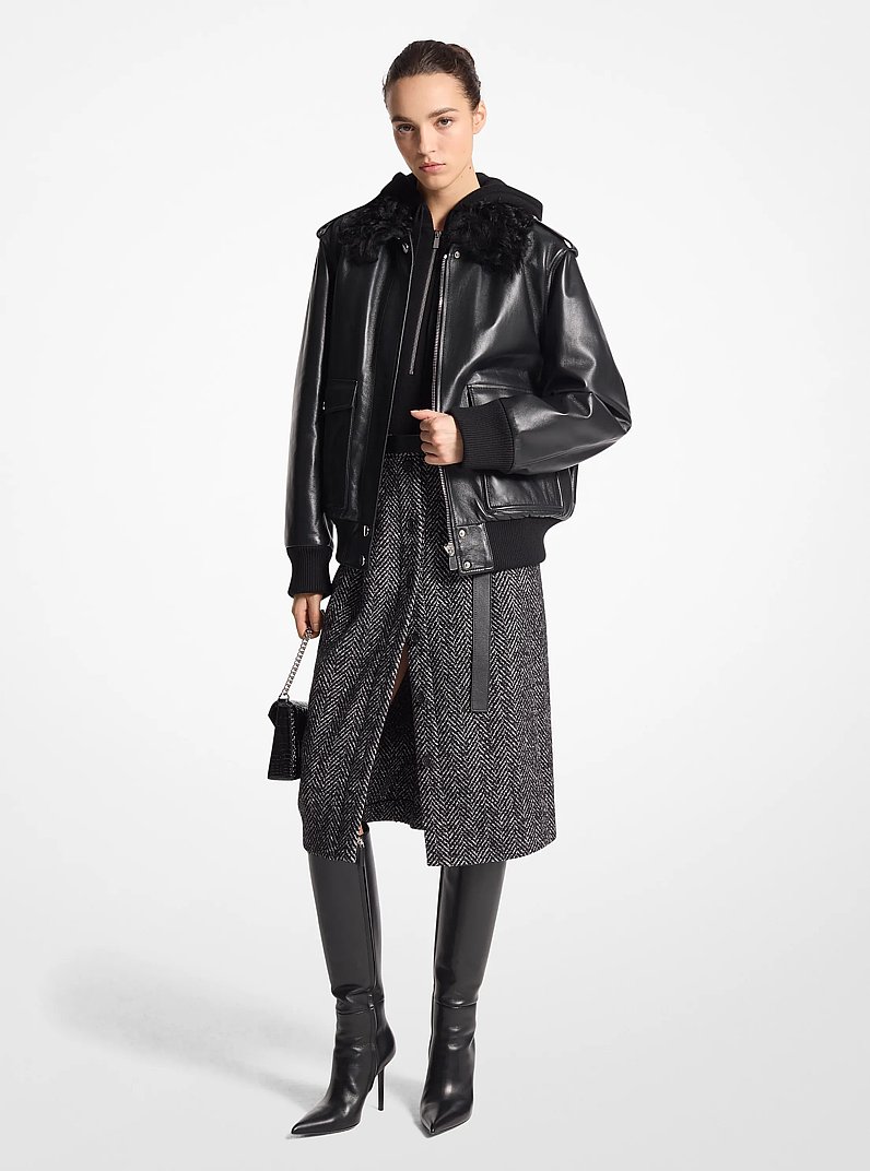 Plong&eacute; Leather and Shearling Bomber Jacket in BLACK | Michael Kors