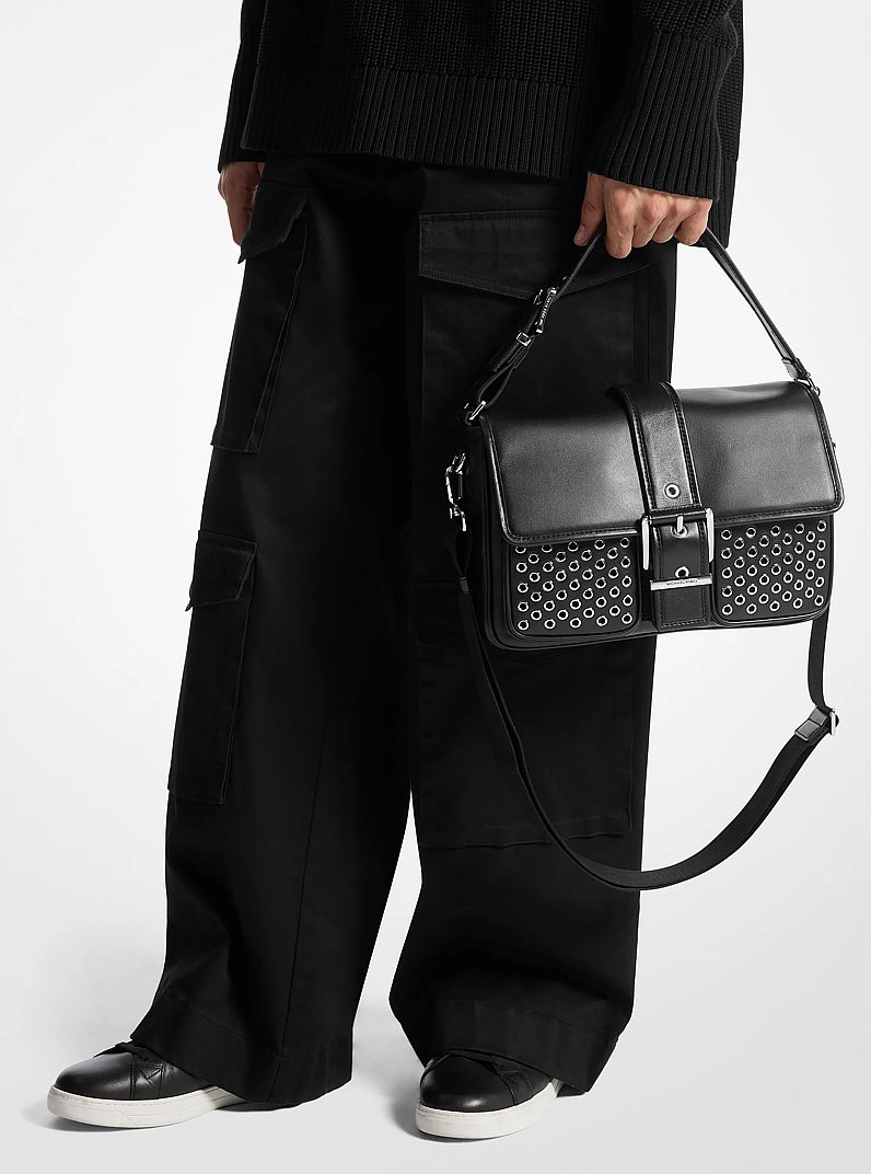 Colby Medium Grommeted Leather Messenger Bag in BLACK | Michael Kors