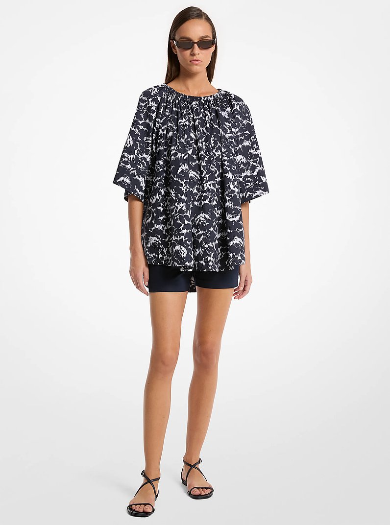 Floral Chin&eacute; Cotton Poplin Blouse in Midnight/optic white | Michael Kors