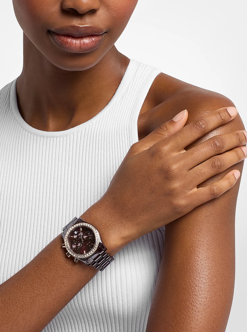 Lexington Pav&eacute; Brown-Tone Ceramic Watch in CHOCOLATE | Michael Kors