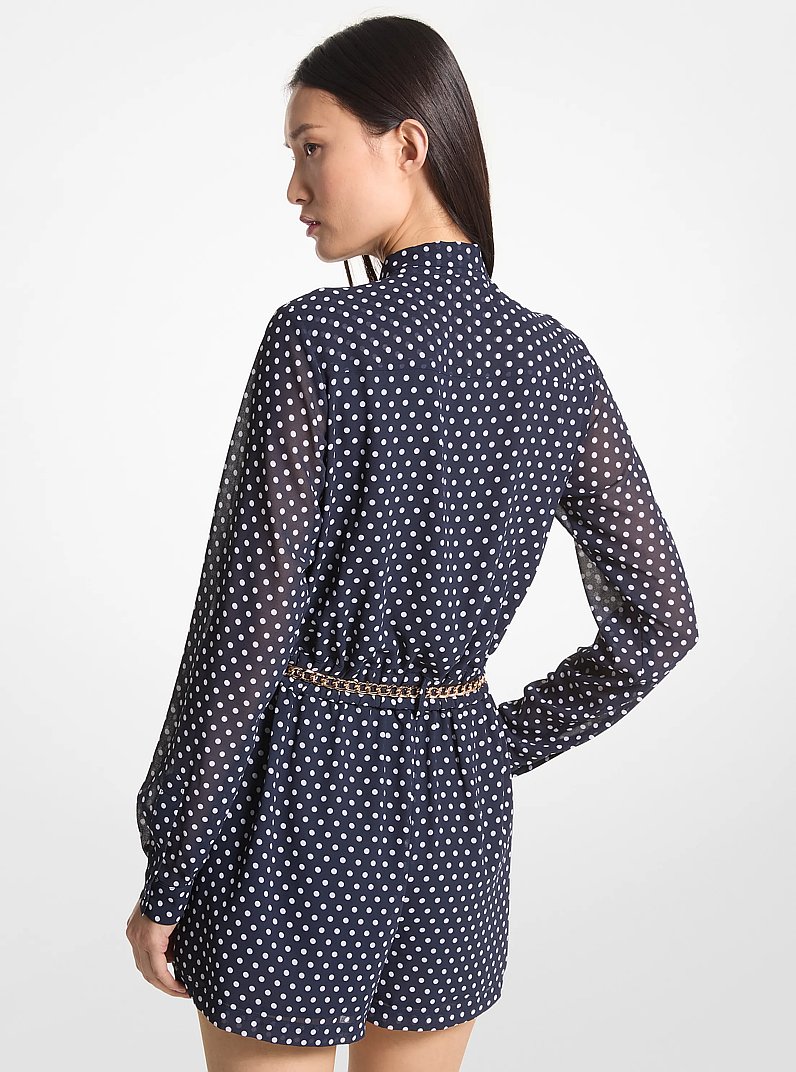 Polka Dot Georgette Belted Tie-Neck Romper in MIDNIGHTBLUE | Michael Kors
