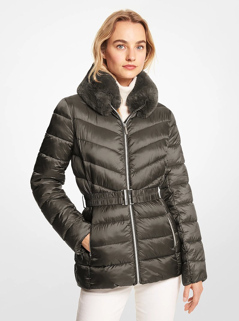 Faux Fur Trim Quilted Nylon Packable Puffer Jacket in OLIVE COMBO | Michael Kors