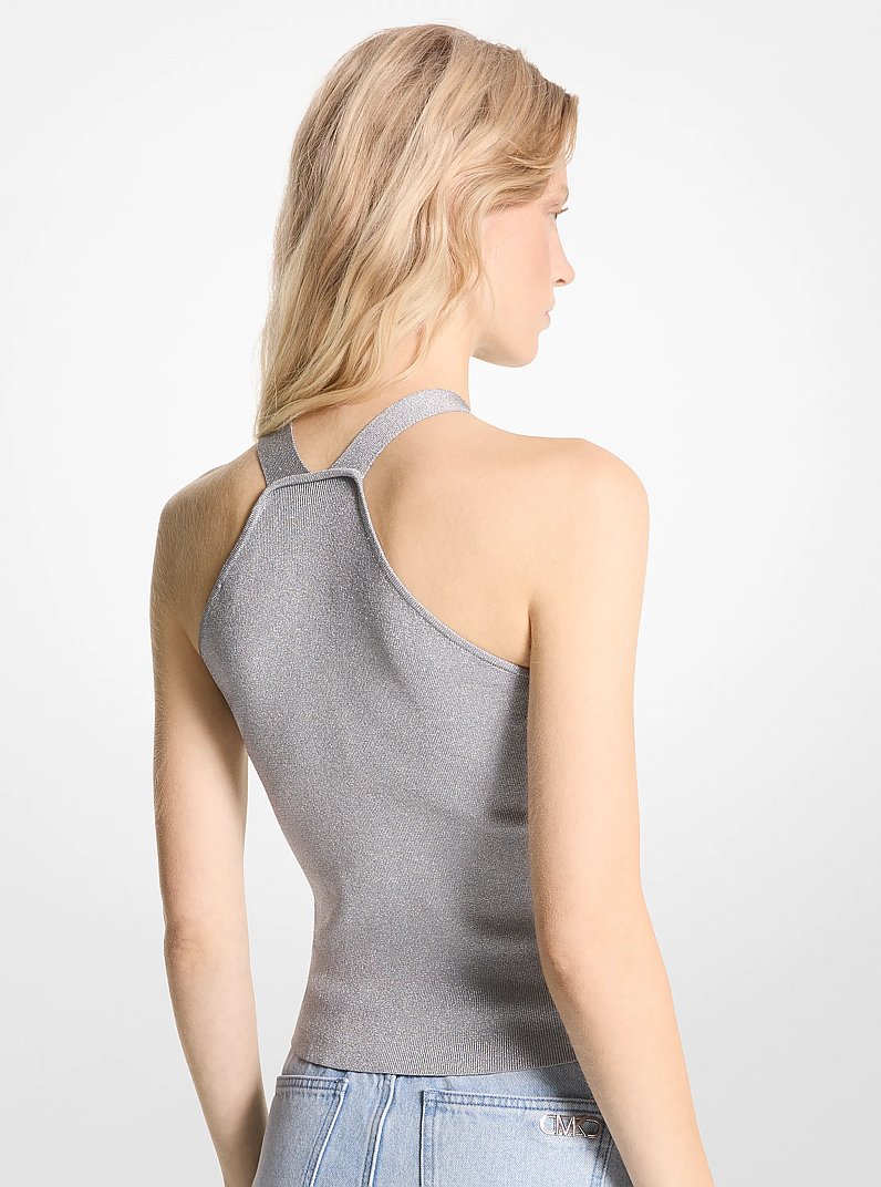 Metallic Stretch Knit Cutout Halter Tank in SILVER | Michael Kors