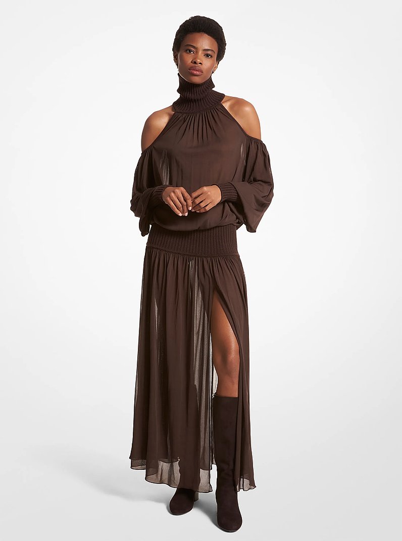 Chiffon Jersey and Cashmere Turtleneck Cold Shoulder Dress