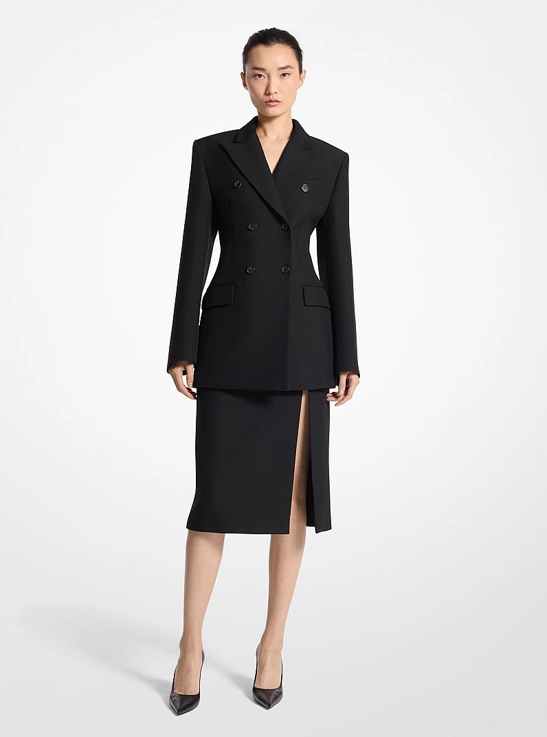 Wool Blend Gabardine Double-Breasted Carved Blazer in BLACK | Michael Kors