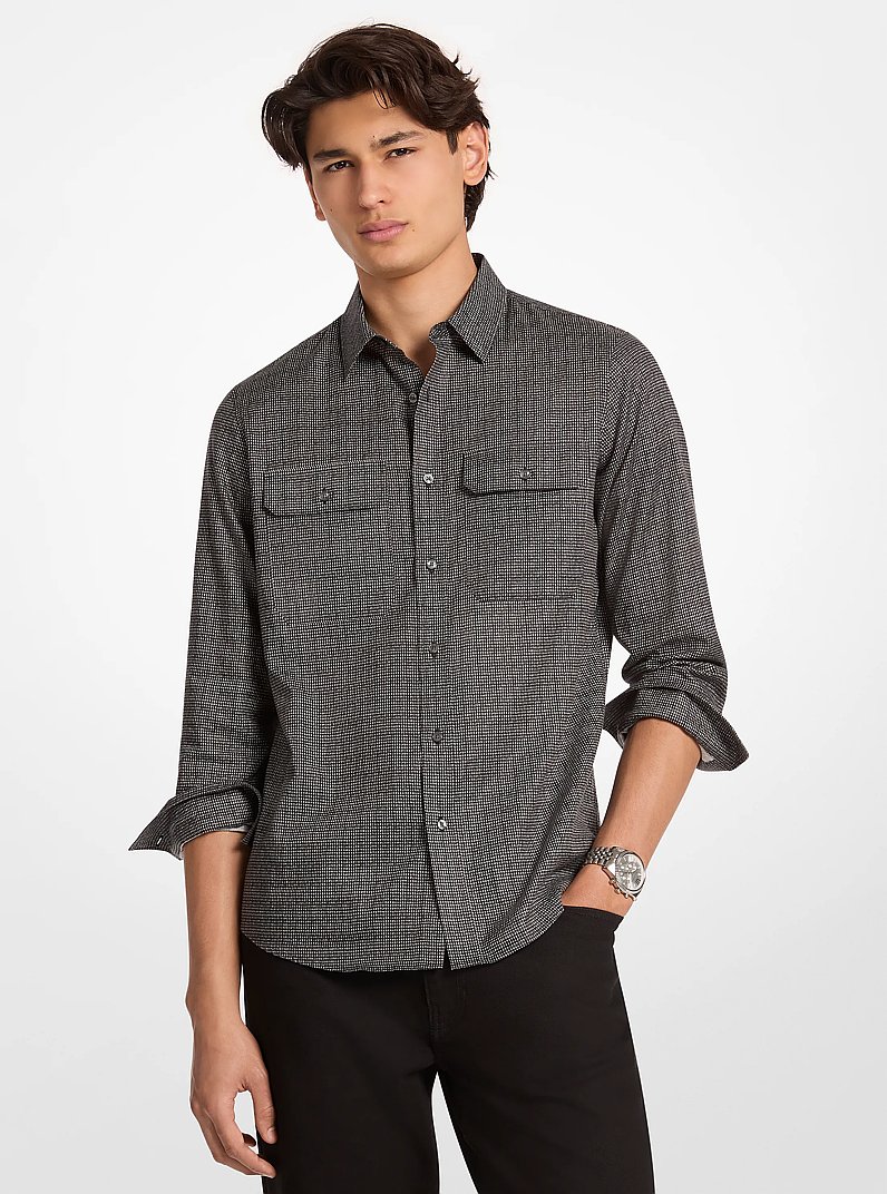 Houndstooth Print Cotton Shirt in BLACK | Michael Kors