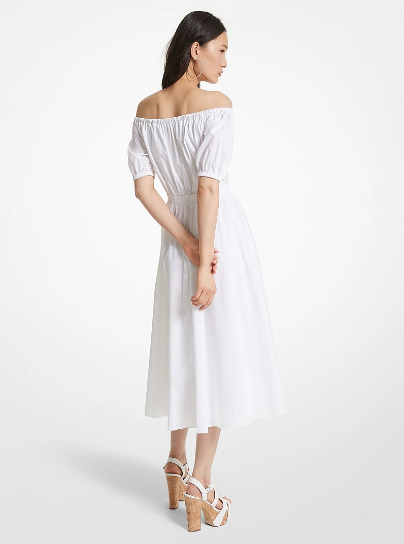 Vestido de popelina el&aacute;stica de algod&oacute;n org&aacute;nico con hombros descubiertos in BLANCO | Michael Kors