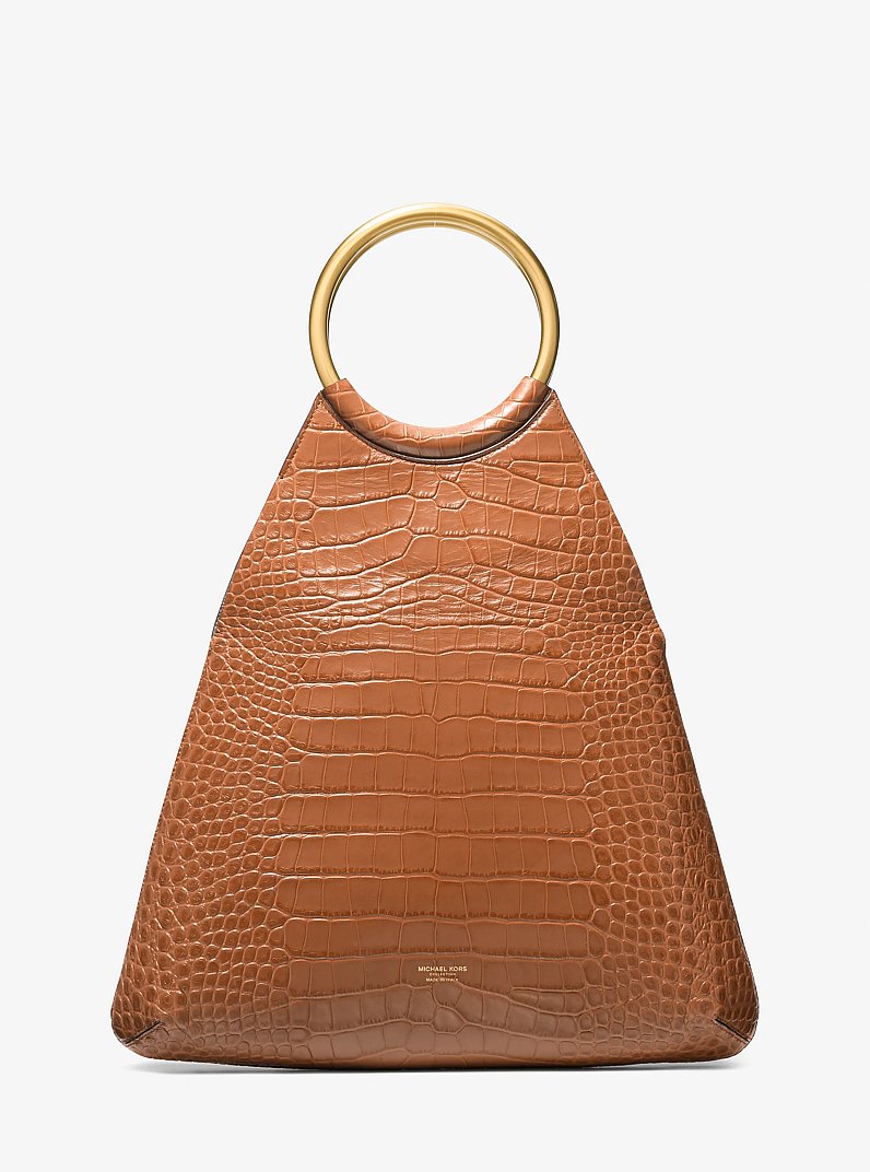 Ursula Large Crocodile Embossed Leather Ring Tote Bag in SADDLE | Michael Kors