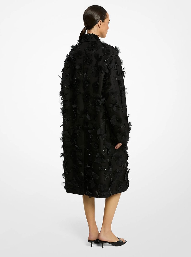 Hand-Embellished Floral Silk and Wool Mikado Balmacaan in BLACK | Michael Kors