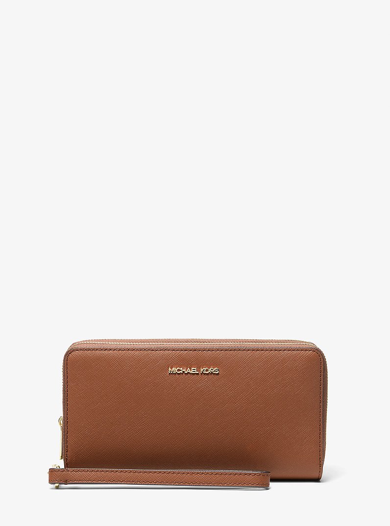 Jet Set Travel Large Saffiano Leather Wristlet in LUGGAGE | Michael Kors