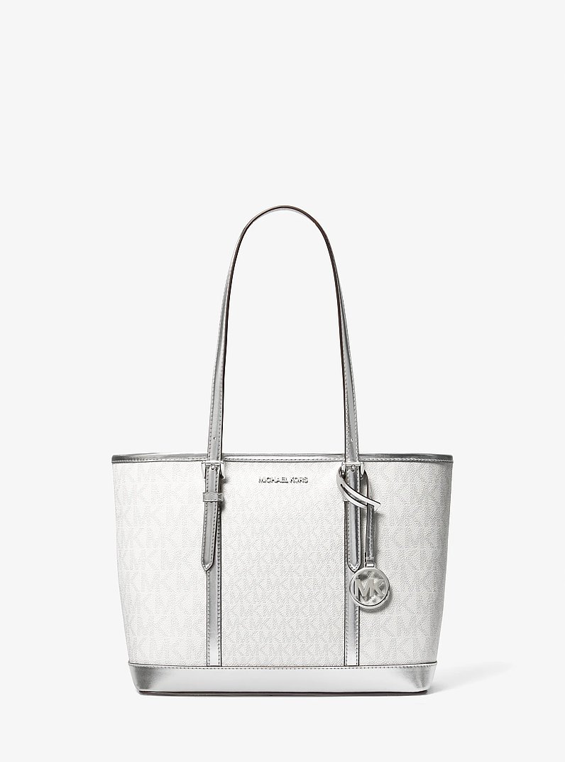 Jet Set Travel Small Metallic Logo Top-Zip Tote Bag in SILVER | Michael Kors