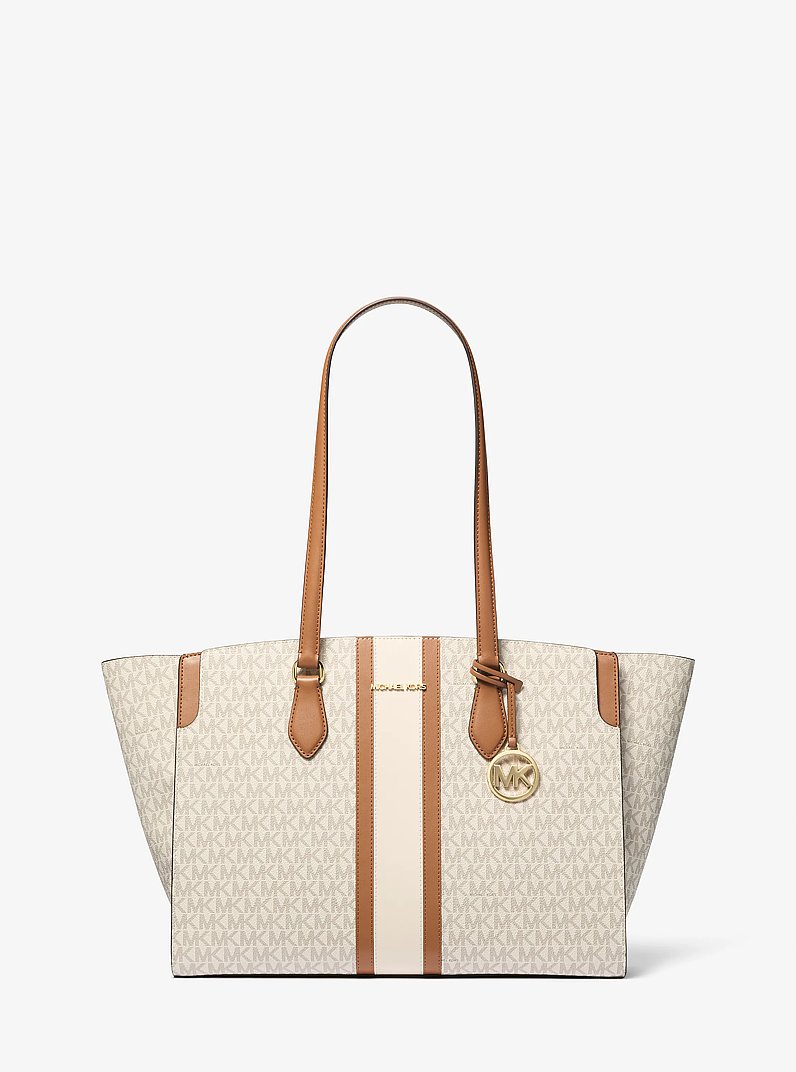 Shopper Becca Large mit Signature-Logomuster und Streifen in VANILLE/EICHELBRAUN | Michael Kors