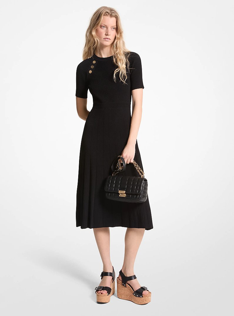 Ribbed Stretch Knit Button Midi Dress in BLACK | Michael Kors