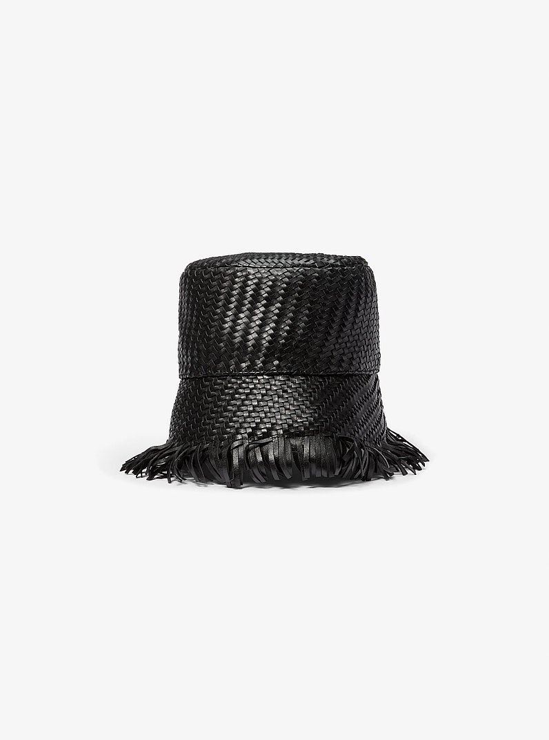 Hand-Woven Leather Bucket Hat in BLACK | Michael Kors